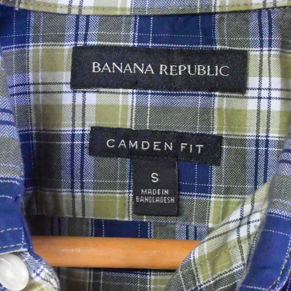 Banana Republic Small Blue Green Plaid‎ Camden Fit S/S Button Front Mens Shirt